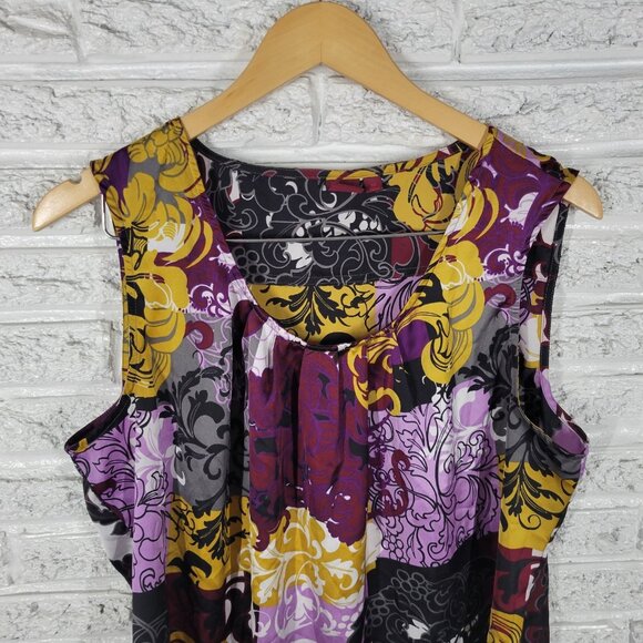 212 Collection Womens Top XL Tank Purple Gold Floral Pleated Neck FLO1E - Picture 3 of 9